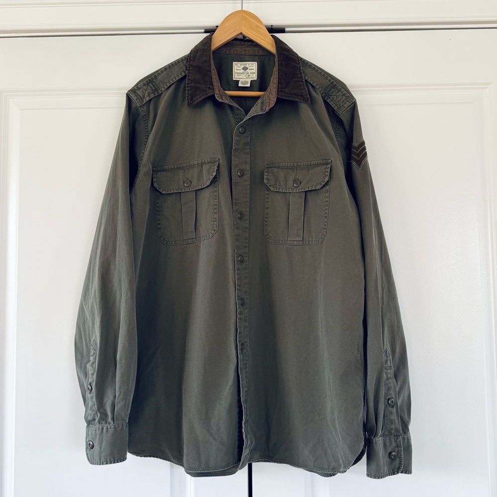 Ralph Lauren Button Down Shirt Rugby Army Green Military Twill Cotton Size XL